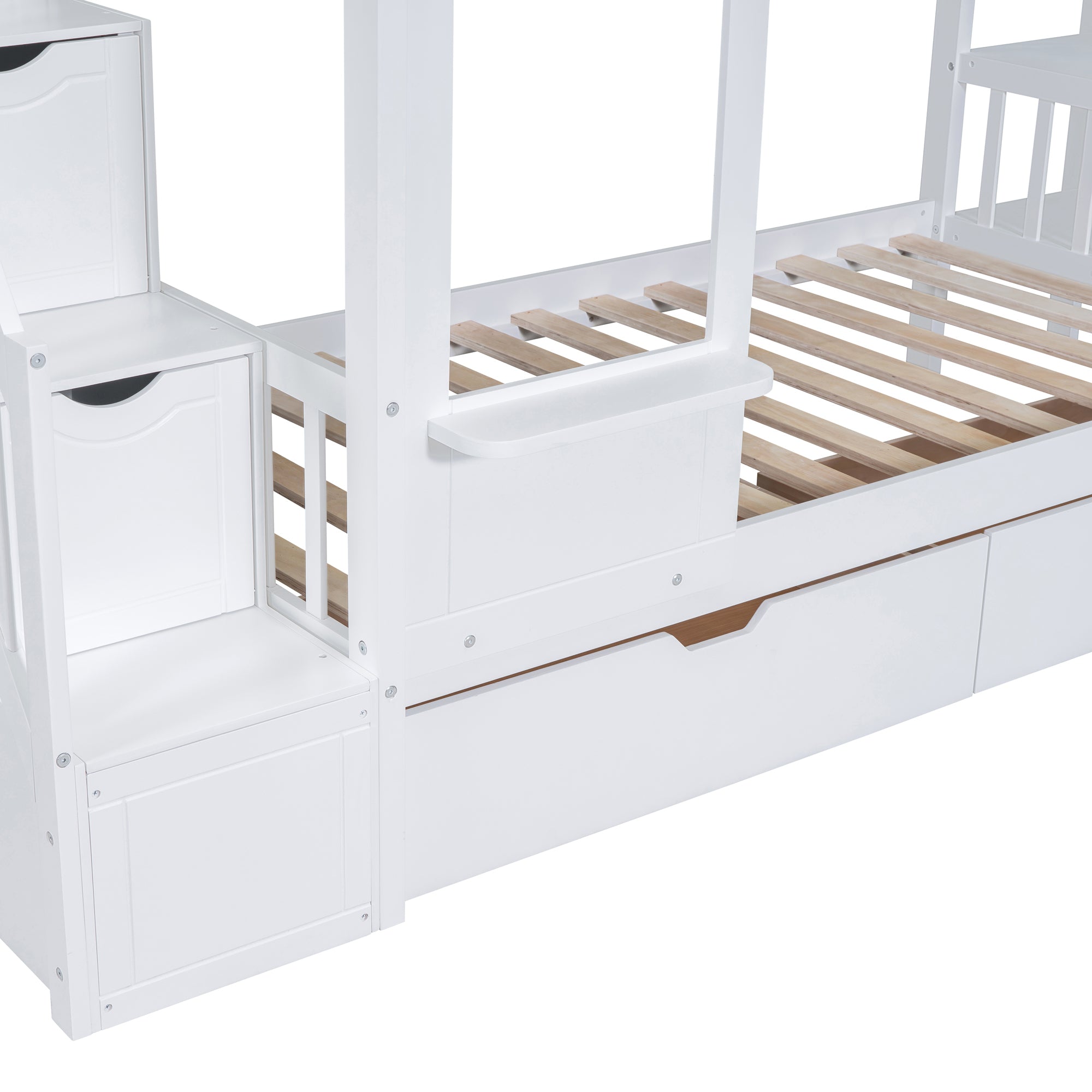 Twin-Over-Twin Castle Style Bunk Bed with 2 Drawers 3 Shelves and Slide - White - Atlantic Fine Furniture Melbourne FL
