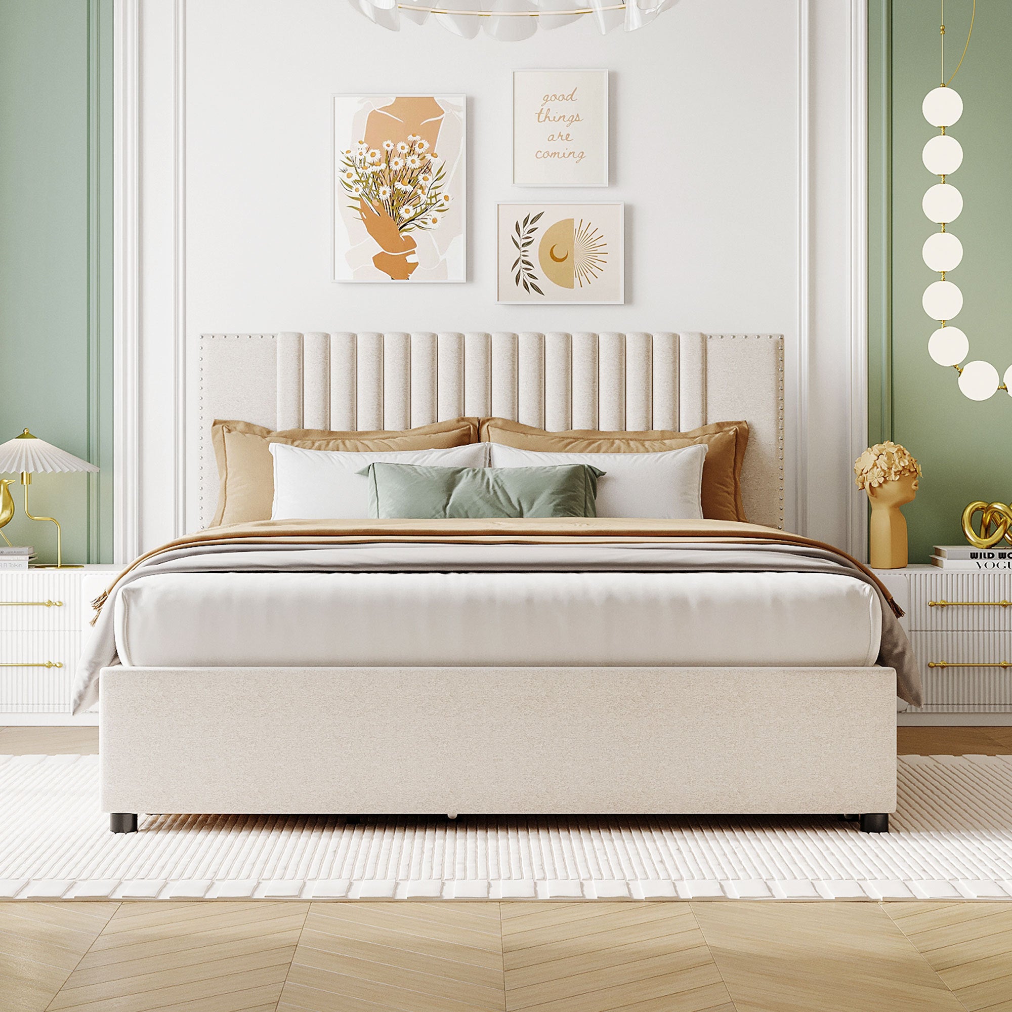 Queen Size Upholstered Platform Bed with 2 Drawers and 1 Twin XL Trundle, Classic Headboard Design, Beige - Atlantic Fine Furniture Melbourne FL