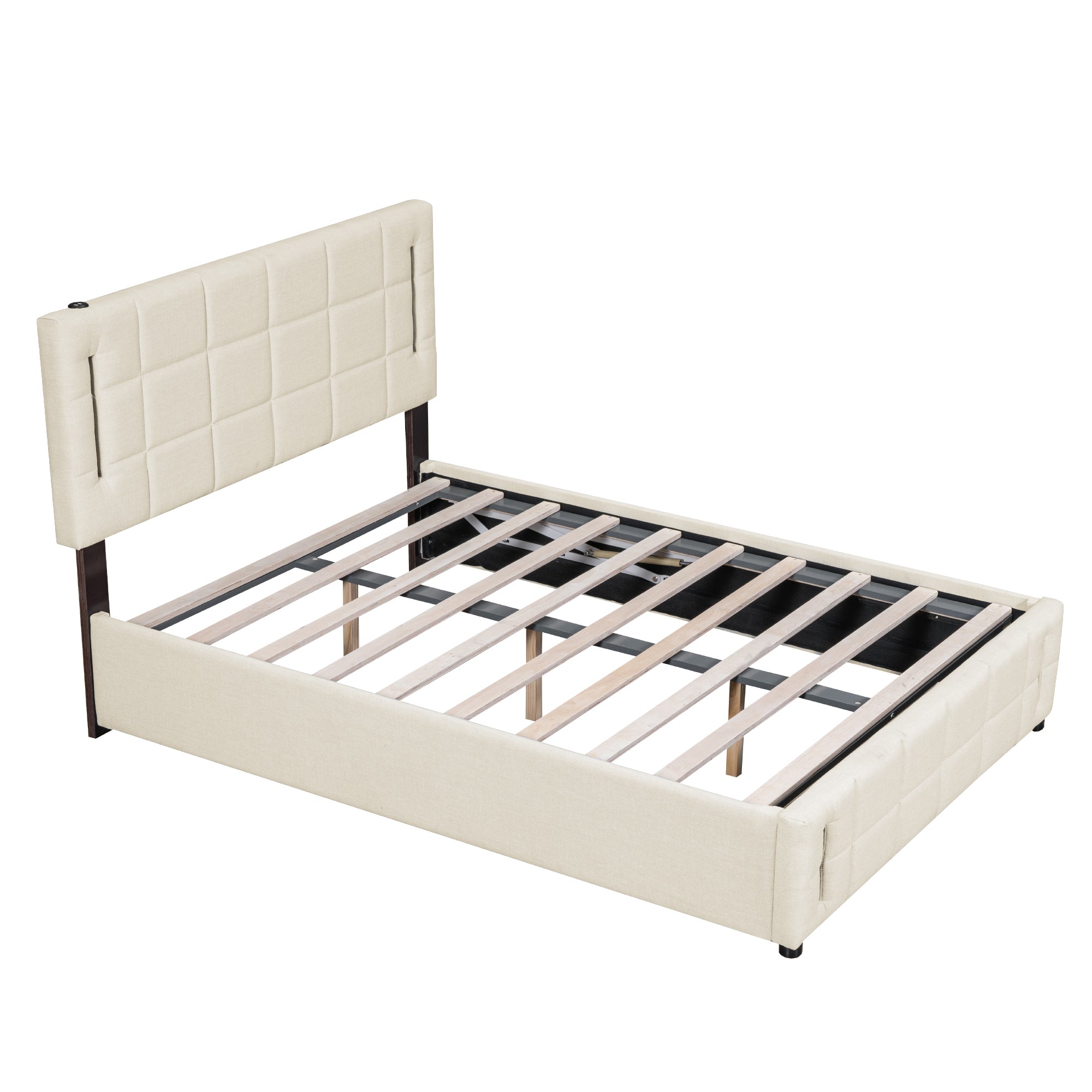 Full Size Upholstered Bed with Hydraulic Storage System and LED Light, Beige