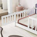 Twin House-Shaped Bedside Floor Bed with Guardrails, Slats, with Door,White