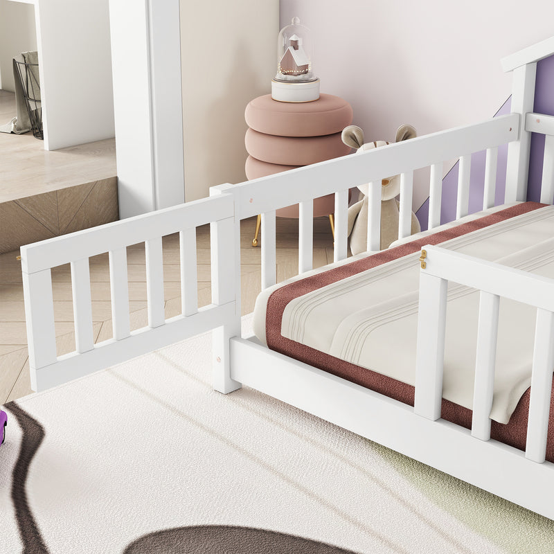 Twin House-Shaped Bedside Floor Bed with Guardrails, Slats, with Door,White