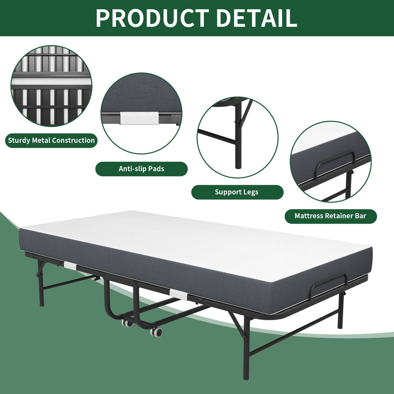 Twin Folding Bed With Memory Foam Mattress Portable Rollaway Bed Sturdy Metal Frame - Brushed Nickel