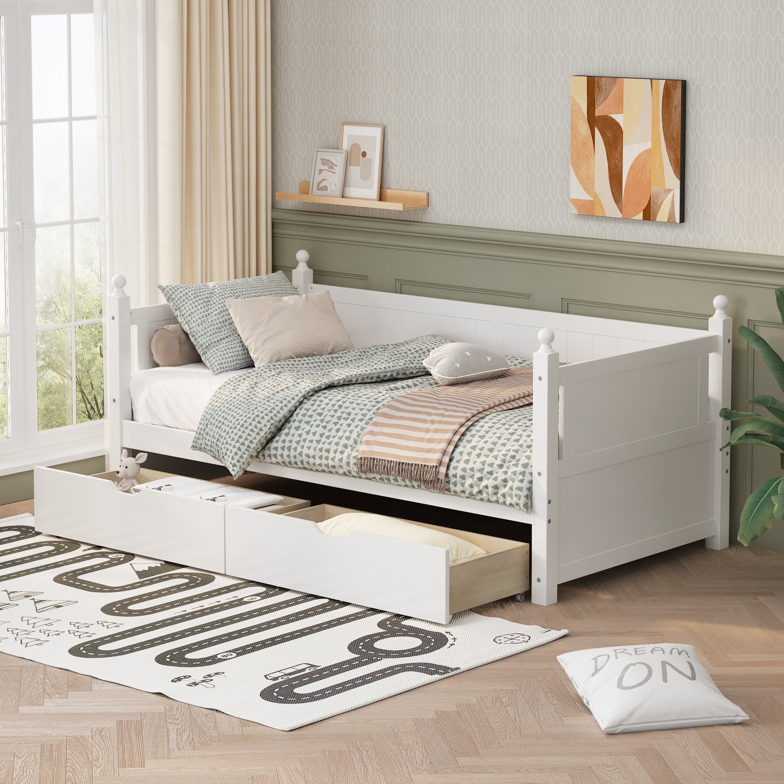 Twin Size Solid Wood Daybed with 2 drawers for Limited Space Kids, Teens, Adults, No Need Box Spring, White - Atlantic Fine Furniture Melbourne FL