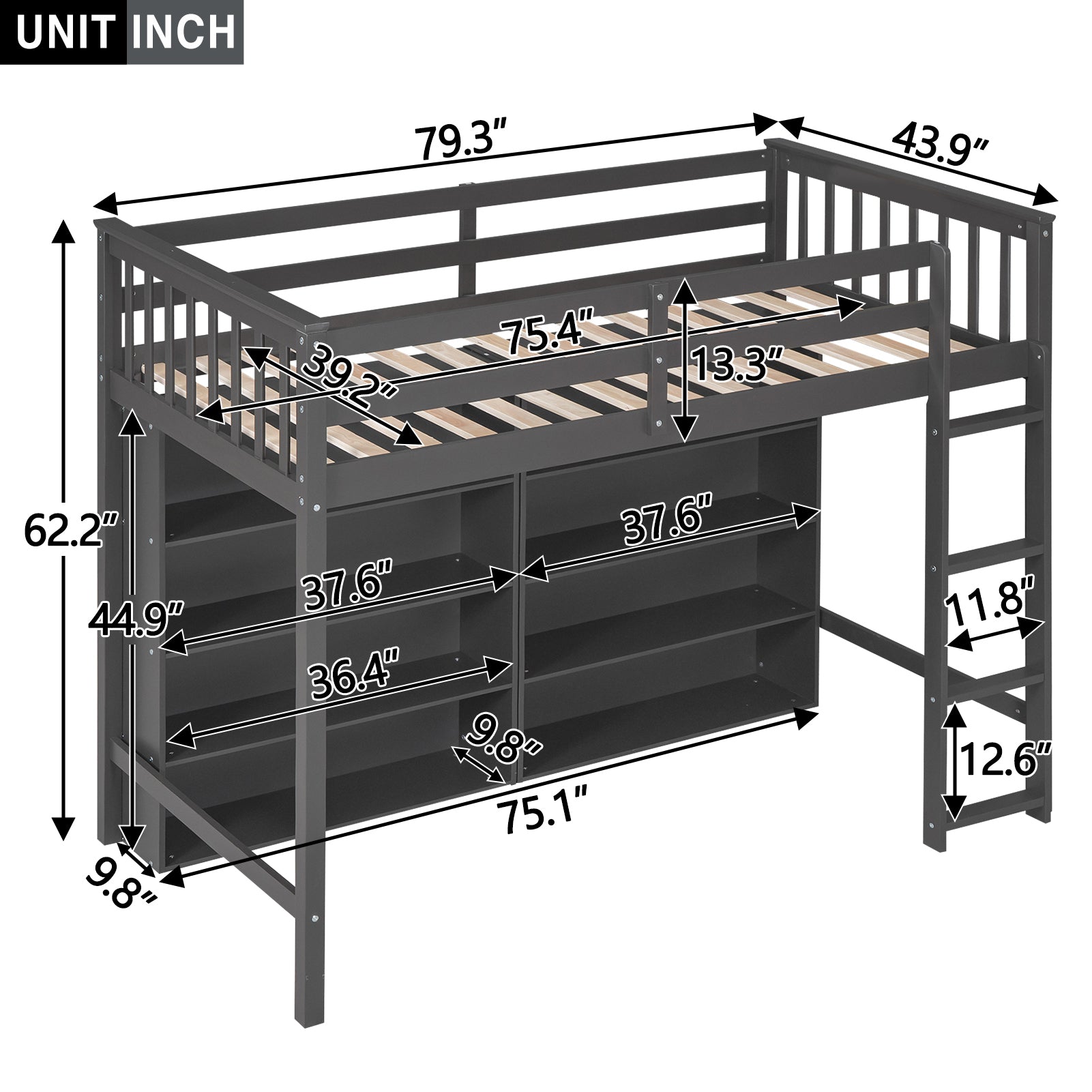 Twin Size Loft Bed with 8 Open Storage Shelves and Built-in Ladder, Gary - Atlantic Fine Furniture Melbourne FL