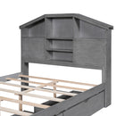 Full Size Wood Platform Bed with House-shaped Storage Headboard and 2 Drawers, Gray