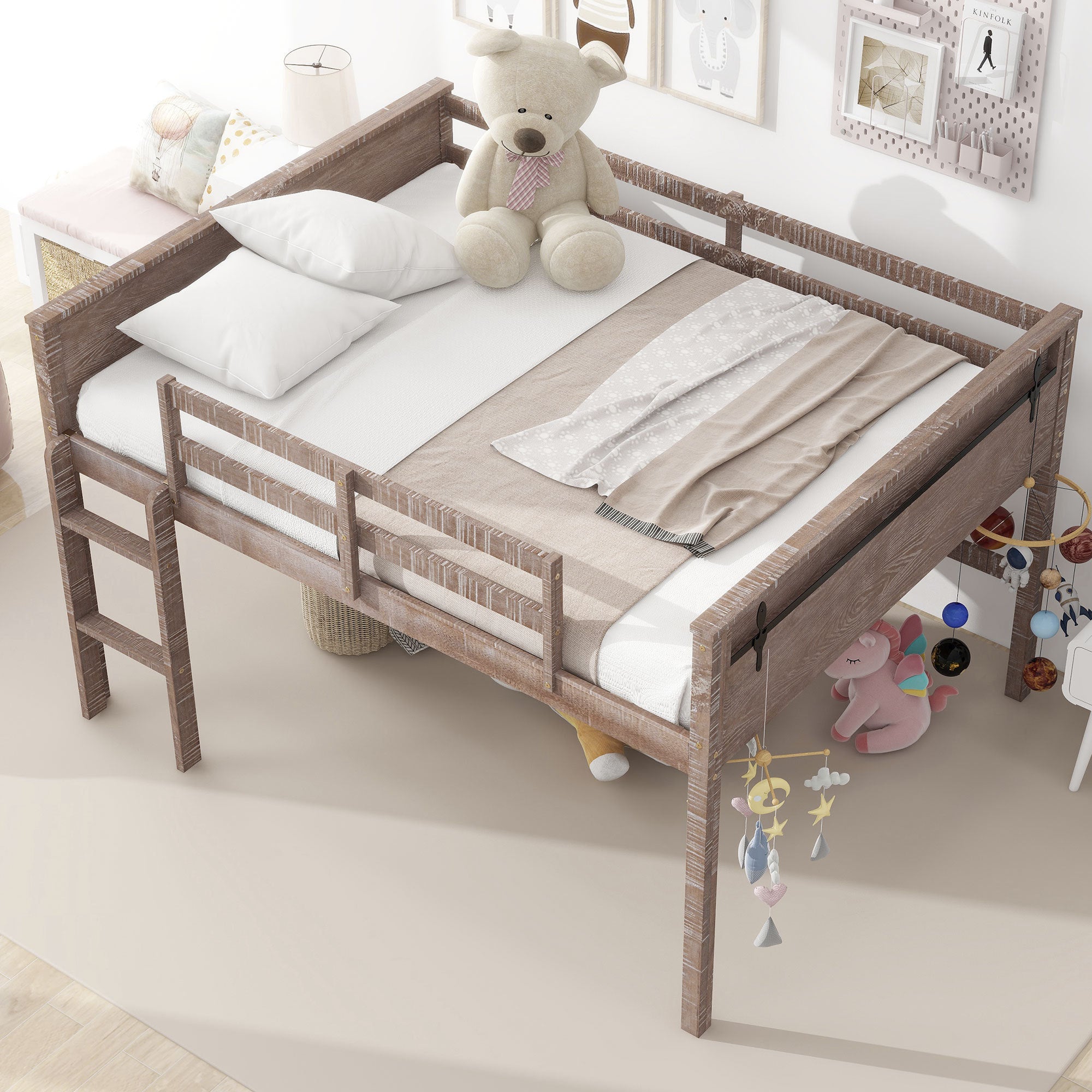 Wood Full Size Loft Bed with Hanging Clothes Racks, White Rustic Natural - Atlantic Fine Furniture Melbourne FL