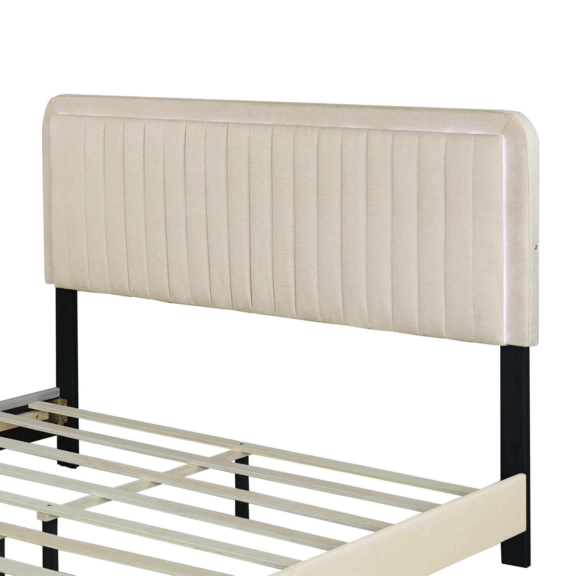 QUEEN SIZE UPHOLSTERED BED WITH ADJUSTABLE HEIGHT / MATTRESS 10 TO 14 INCHES / LED DESIGN WITH FOOTBOARD DRAWERS STORAGE / NO BOX SPRING REQUIRED BEIGE - Atlantic Fine Furniture Melbourne FL