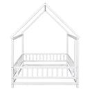 Floor Wooden Bed With House Roof Frame, Fence Guardrails