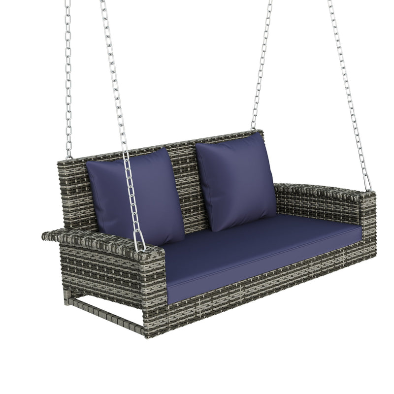 2 Person Wicker Hanging Porch Swing With Chains, Cushion, Pillow, Rattan Swing Bench For Garden, Backyard