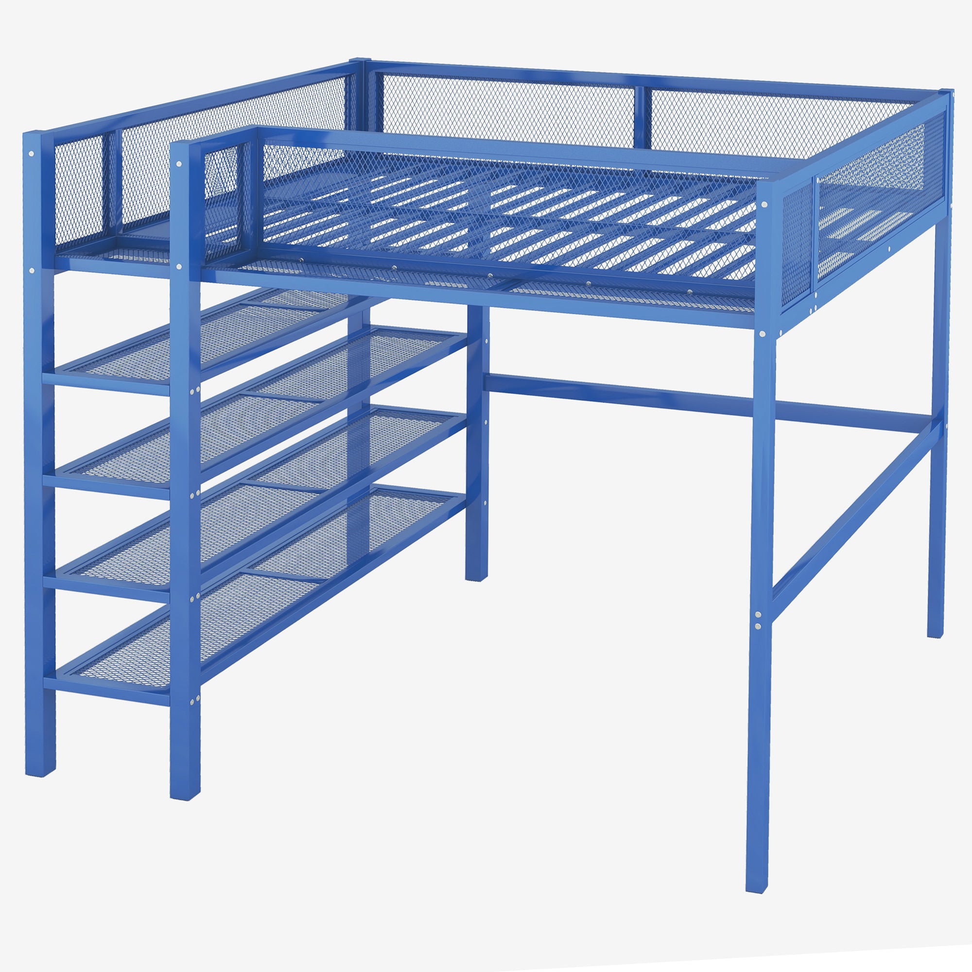 Full Size Metal Loft Bed with 4-Tier Shelves and Storage, Blue - Atlantic Fine Furniture Melbourne FL