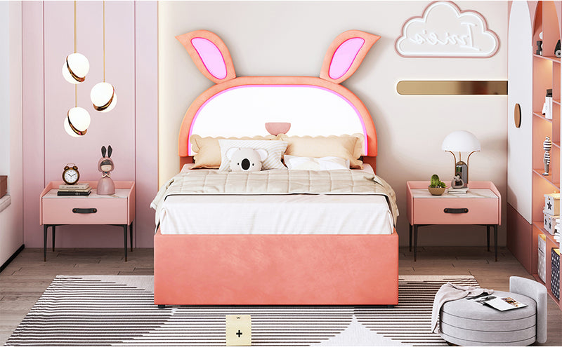 Full Size Upholstered Platform Bed with Trundle and 3 Drawers, Rabbit-Shaped Headboard with Embedded LED Lights, Pink