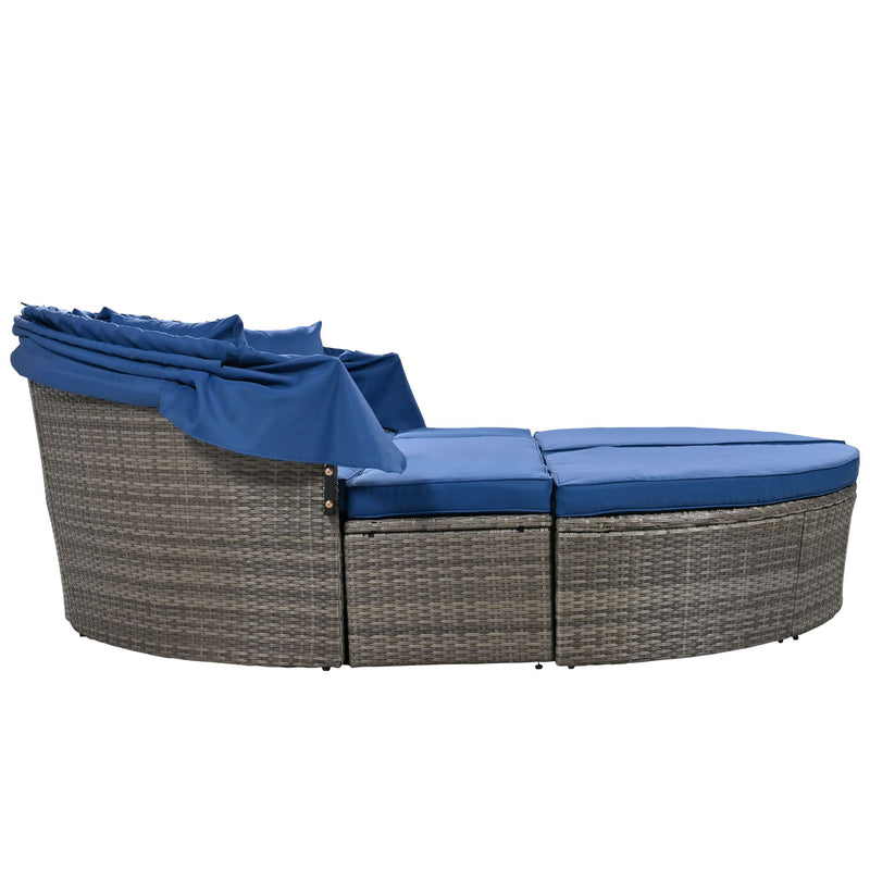 Outdoor Rattan Daybed Sunbed With Retractable Canopy Wicker Furniture, Round Outdoor Sectional Sofa Set - Black Wicker Furniture Clamshell Seating With Washable Cushions, Backyard, Porch