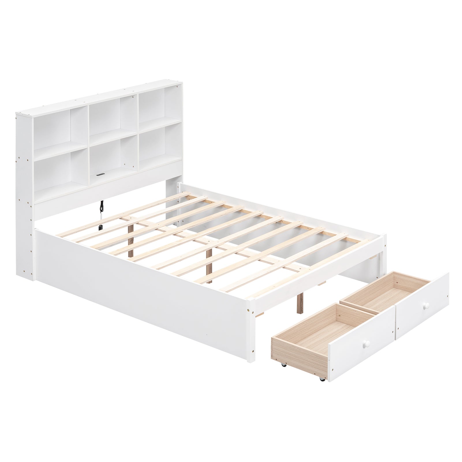 Full Size Platform Bed with Storage Headboard, Charging Station and 2 Drawers, White - Atlantic Fine Furniture Melbourne FL