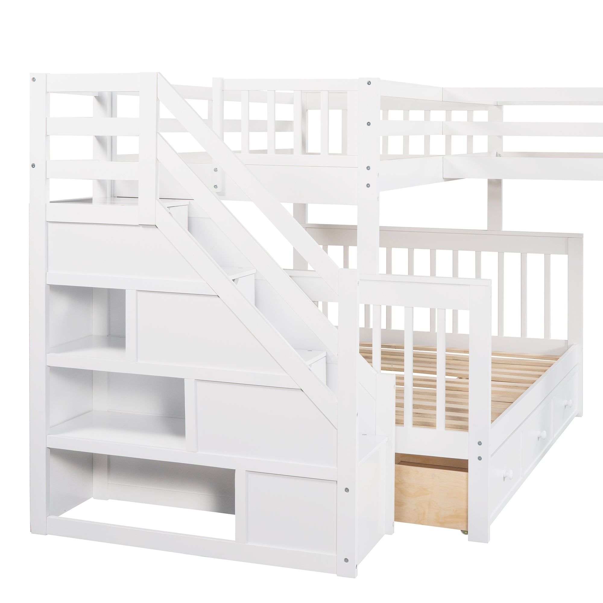 Twin over Full L-Shaped Bunk Bed With 3 Drawers, Ladder and Staircase - White - Atlantic Fine Furniture Melbourne FL