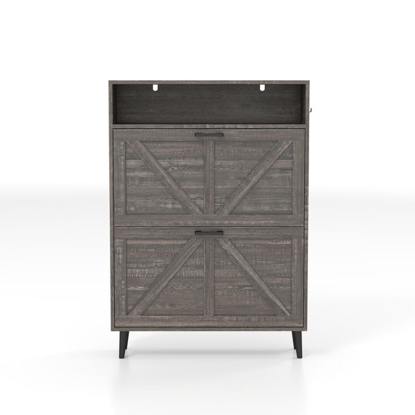 Farmhouse Shoe Storage Cabinet With Barn Door Design, 2 Flip Drawers, Hooks - Dark Oak
