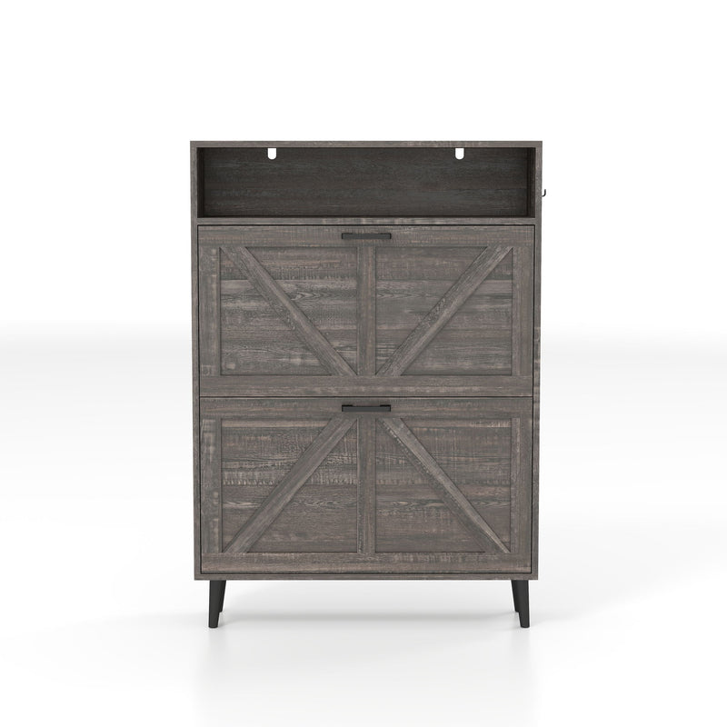 Farmhouse Shoe Storage Cabinet With Barn Door Design, 2 Flip Drawers, Hooks - Dark Oak