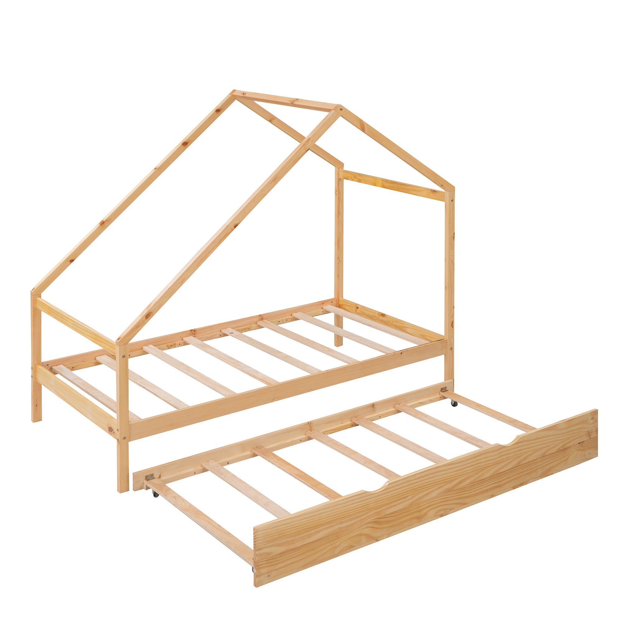 Twin Size Wooden House Bed With Twin Size Trundle, Natural - Atlantic Fine Furniture Melbourne FL