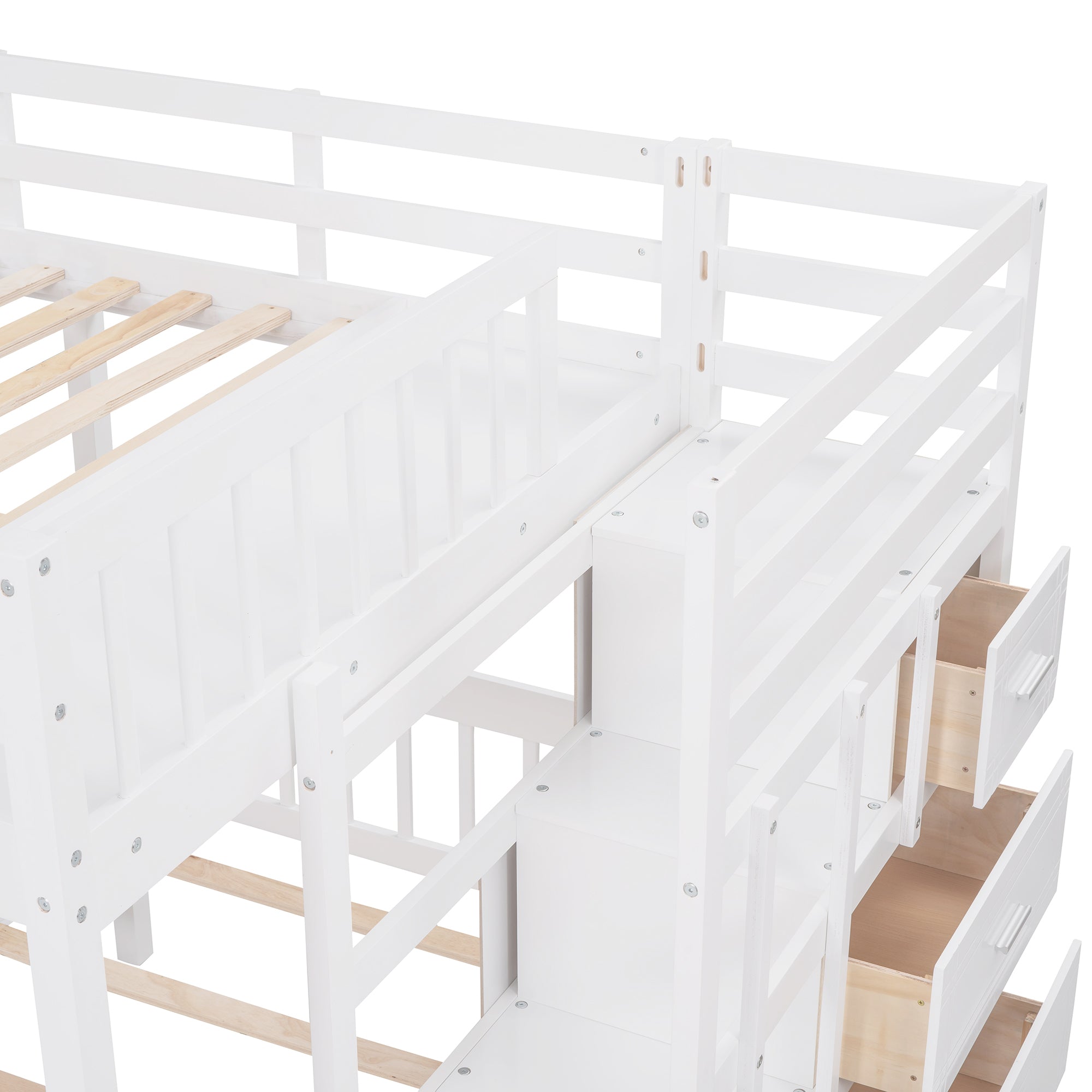 Full Over Twin & Twin Bunk Bed, Wood Triple Bunk Bed with Drawers and Guardrails (White) - Atlantic Fine Furniture Melbourne FL