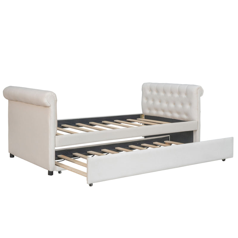 Upholstered Daybed With Trundle, Wood Slat Support