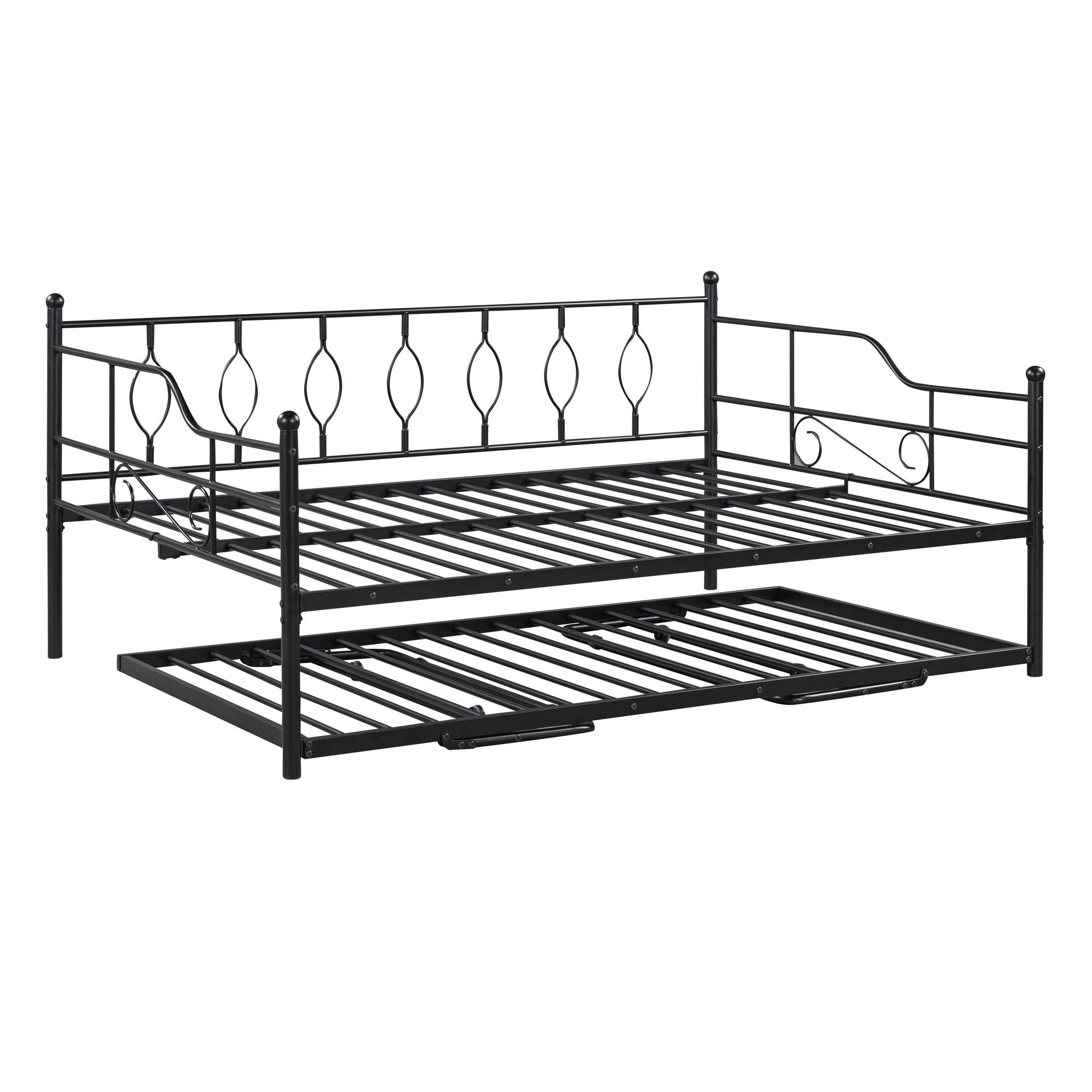 Full Size Metal Daybed with Twin Size Adjustable Trundle, Portable Folding Trundle, Black(OLD SKU:MF293730AAB)