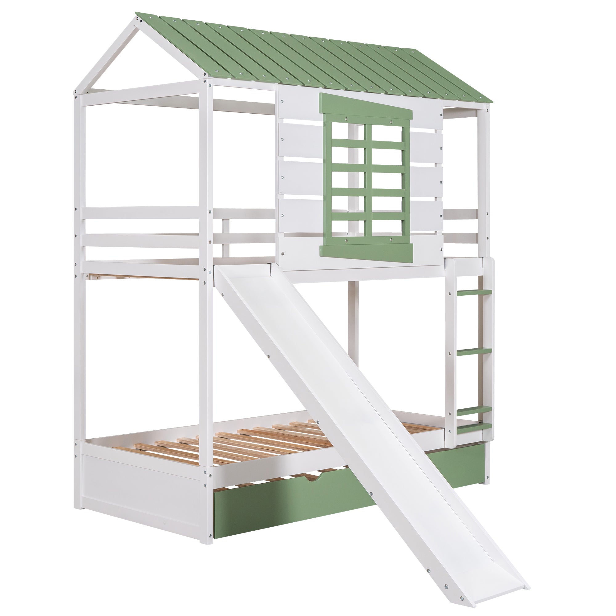 Twin over Twin Size House Bunk Bed with Convertible Slide and Trundle, White+Green - Atlantic Fine Furniture Melbourne FL