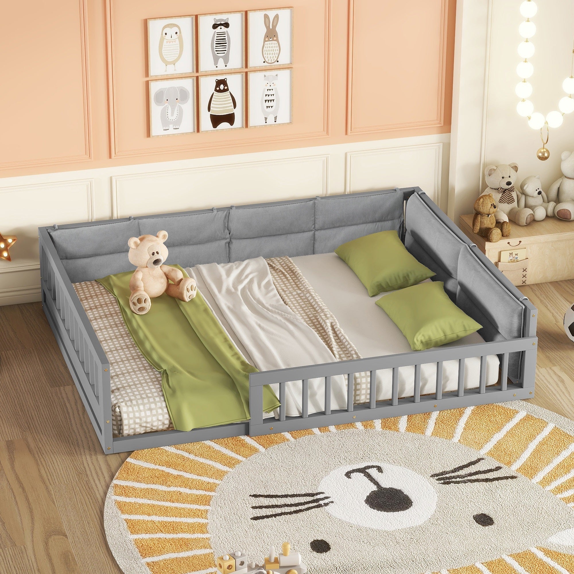 Wood Full Size Upholstered Platform Bed with Guardrail and Pillow, Gray - Atlantic Fine Furniture Melbourne FL