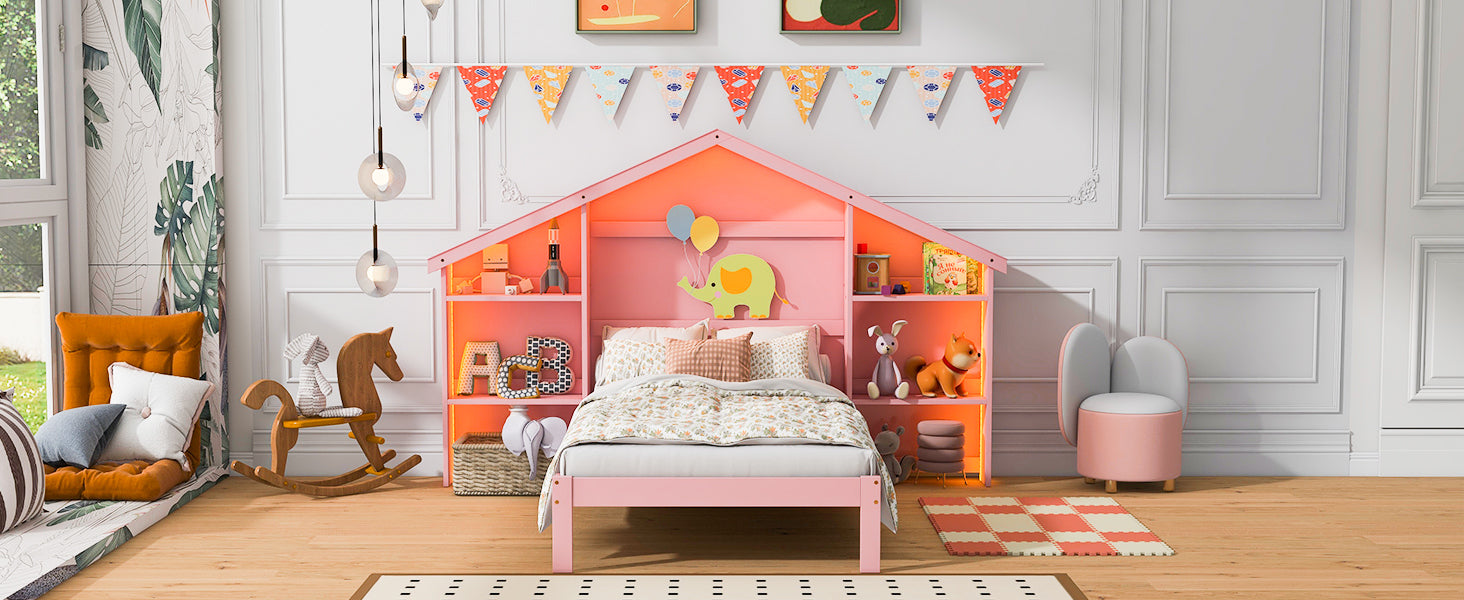 Wood Twin Size Platform Bed with House-shaped Storage Headboard and Built-in LED, Pink - Atlantic Fine Furniture Melbourne FL