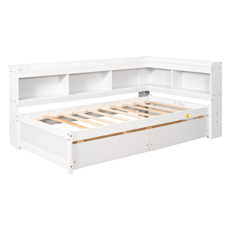 Twin Bed with L-shaped Bookcases,Drawers ,White