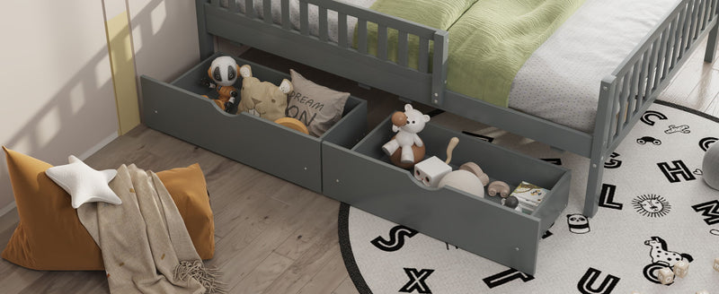 Platform Bed With Guardrails On Both Sides And 2 Storage Drawers
