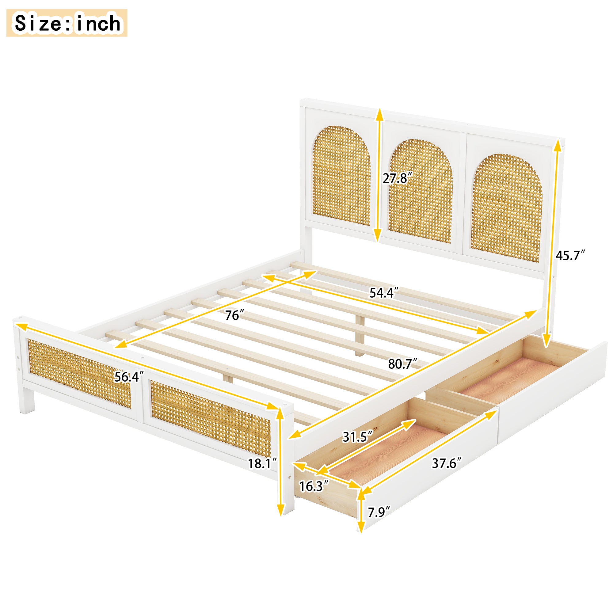 Full Size Wood Storage Platform Bed with 2 Drawers, Rattan Headboard and Footboard, White - Atlantic Fine Furniture Melbourne FL