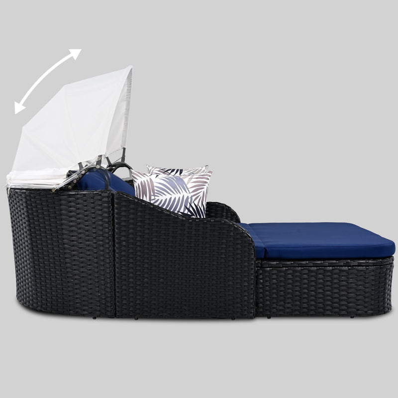 Outdoor Sunbed With Adjustable Canopy, Daybed With Pillows, Double Lounge, PE Rattan Daybed