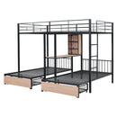Triple Bunk Bed With Drawers, Multi-Functional Frame With Desks And Shelves In The Middle