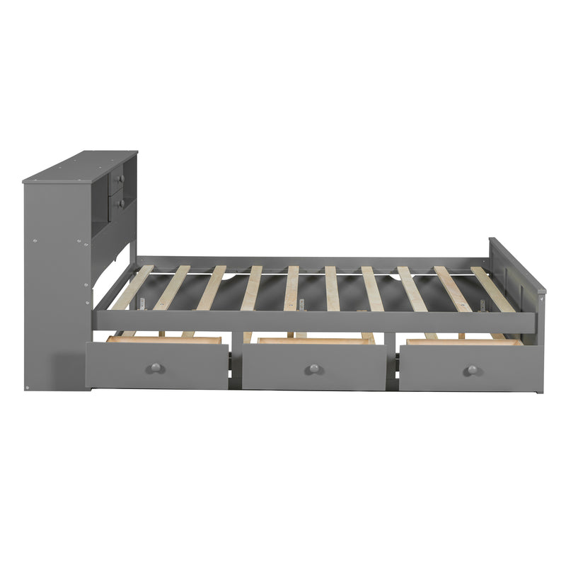 Full Size Wood Pltaform Bed with win Size Trundle, 3 Drawers, Upper Shelves and a set of USB Ports & Sockets, Gray