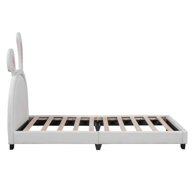Upholstered Leather Platform Bed With Rabbit Ornament