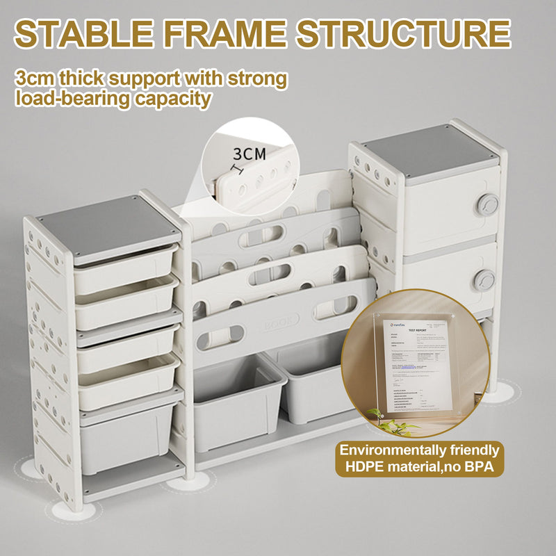 Kids Toy Storage Organizer With 8 Removable Toy Bins, 4 Tier Bookshelf, And 2 Cabinet Storage - Gray / Ivory