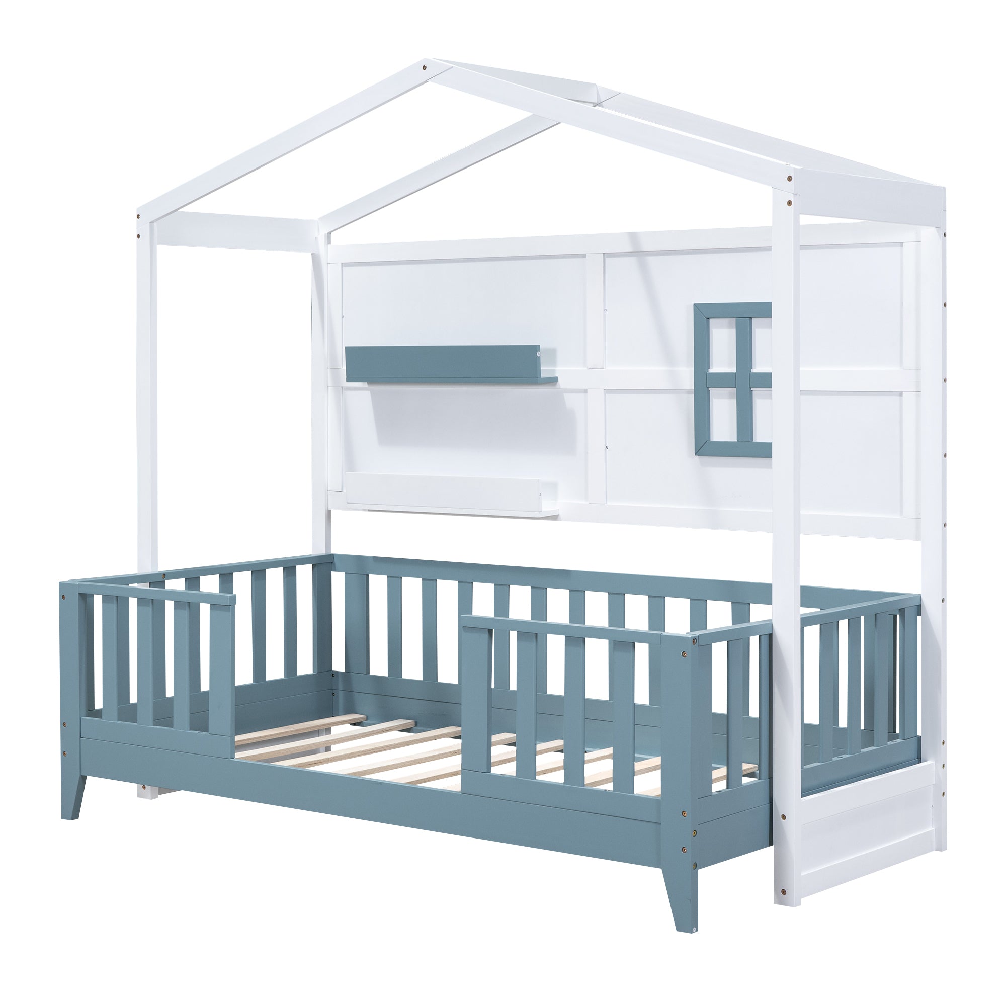 Twin Size Wood House Bed with 2 Shelves and Guardrail, White - Atlantic Fine Furniture Melbourne FL