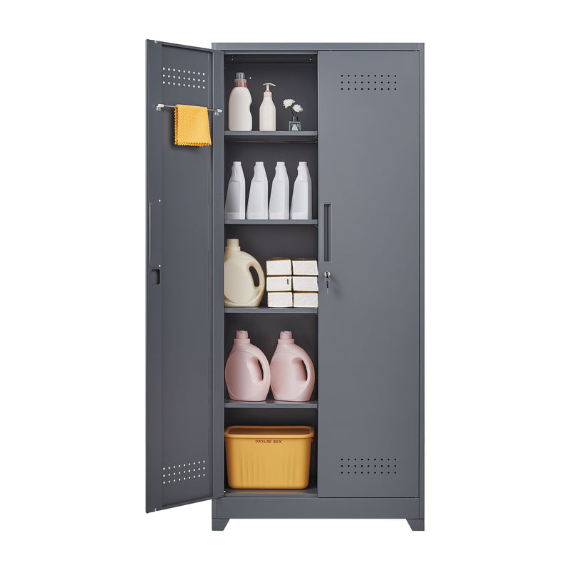 Metal Storage Cabinets, Cleaning Tool Cabinet With Locking Door, Tall Broom Tool Organizer And Storage, Large Storage Cabinet For Kitchen