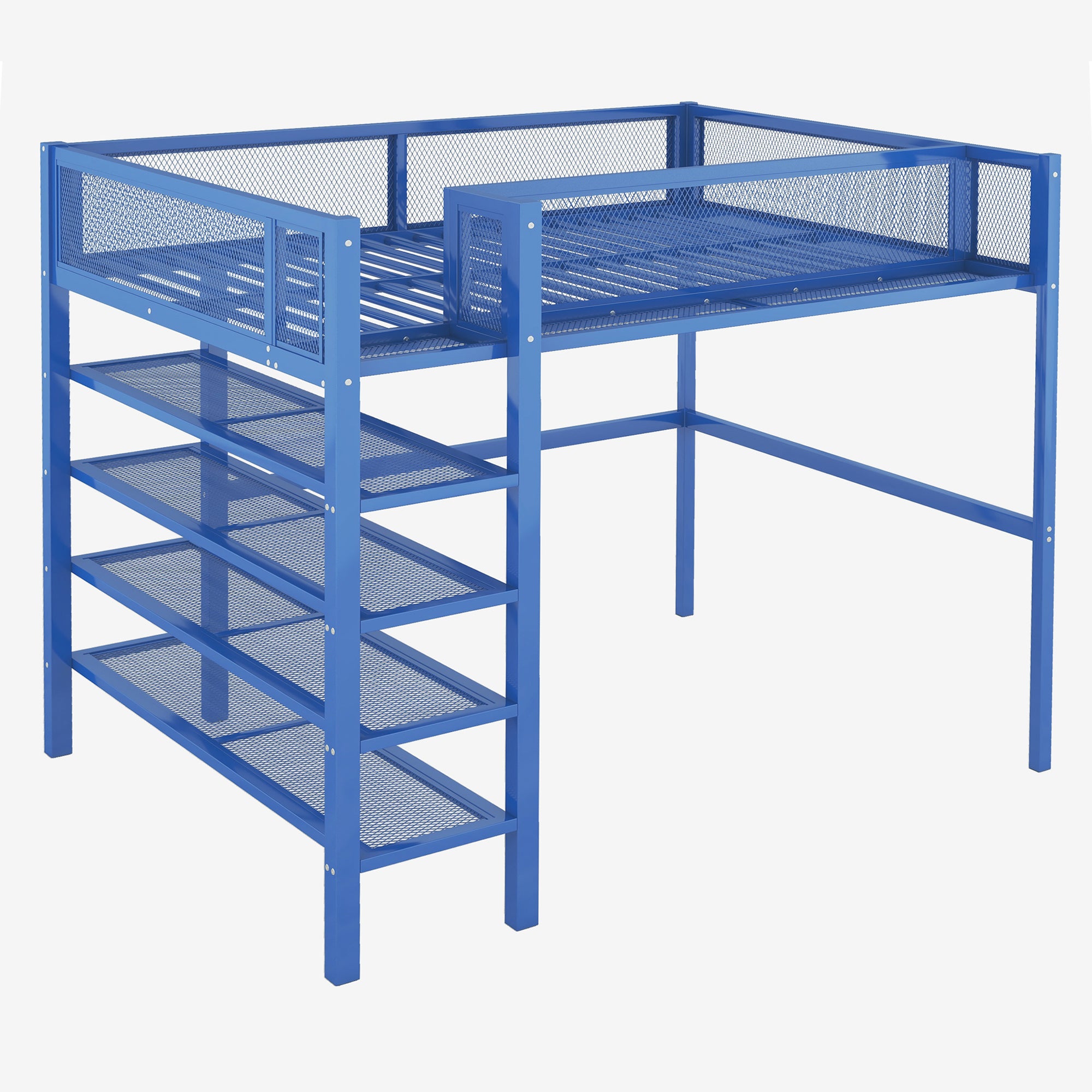 Full Size Metal Loft Bed with 4-Tier Shelves and Storage, Blue - Atlantic Fine Furniture Melbourne FL