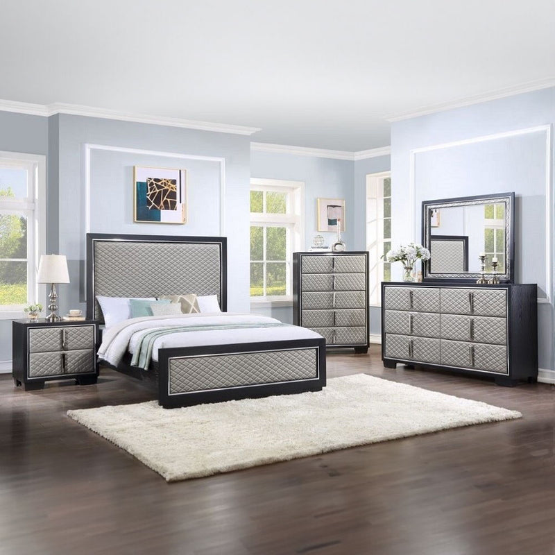Nicola - Eastern King Bed - Silver Synthetic Leather & Black