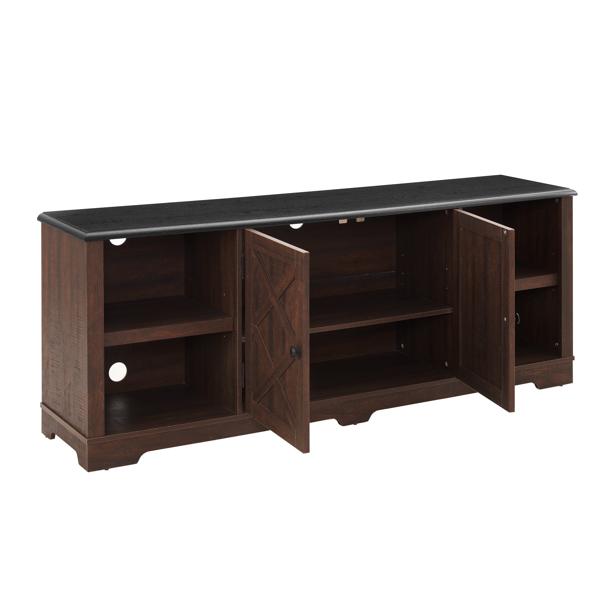 Modern Farmhouse TV Media Stand, Large Barn Inspired Home Entertainment Console, for TV Up to 80'', with Open Shelves and Closed Cabinets, Espresso and Black, 70"W*15.55"D*26.89"H