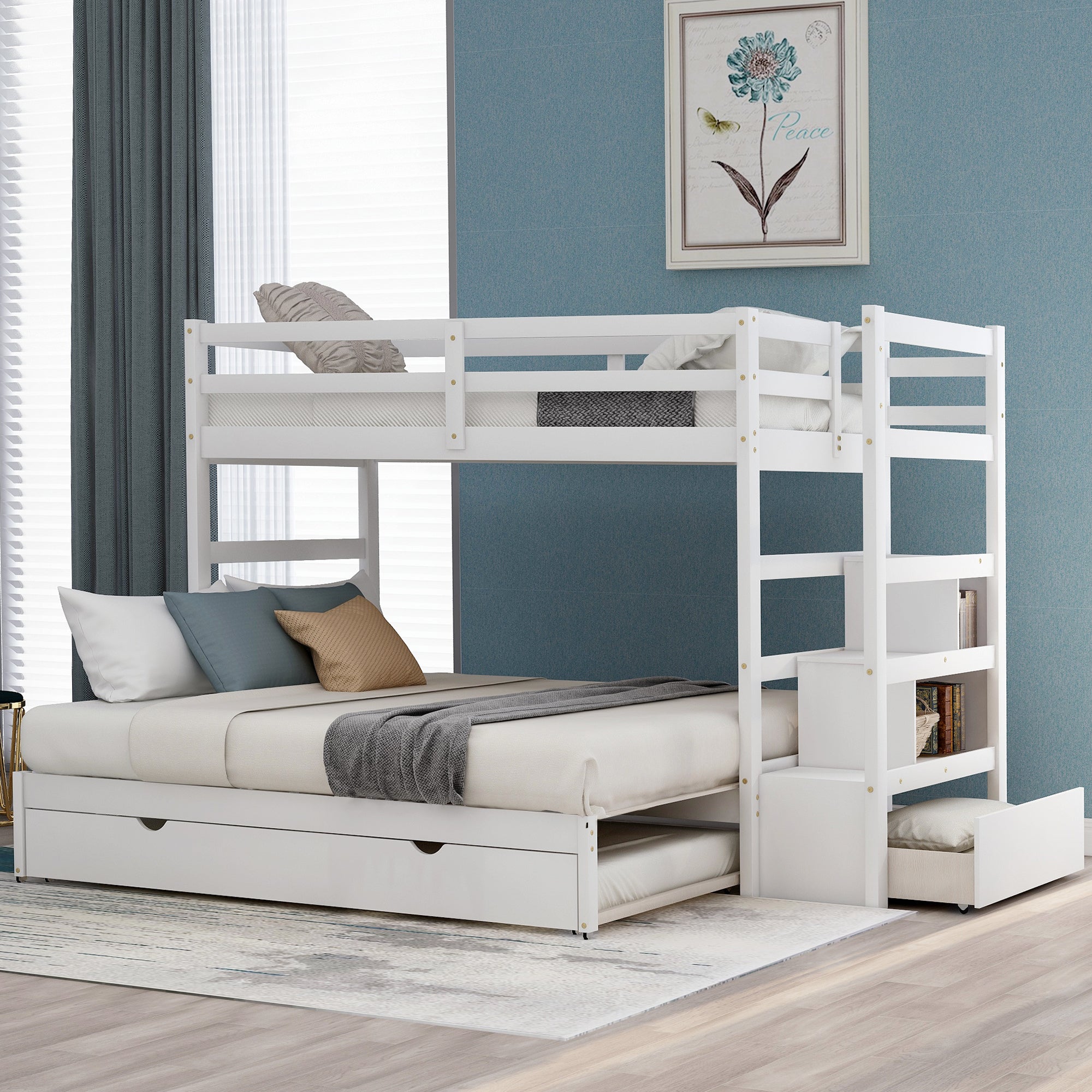 Twin over Twin/King (Irregular King Size) Bunk Bed with Twin Size Trundle, Extendable Bunk Bed   (White)(OLD SKU :LP000032AAK) - Atlantic Fine Furniture Melbourne FL