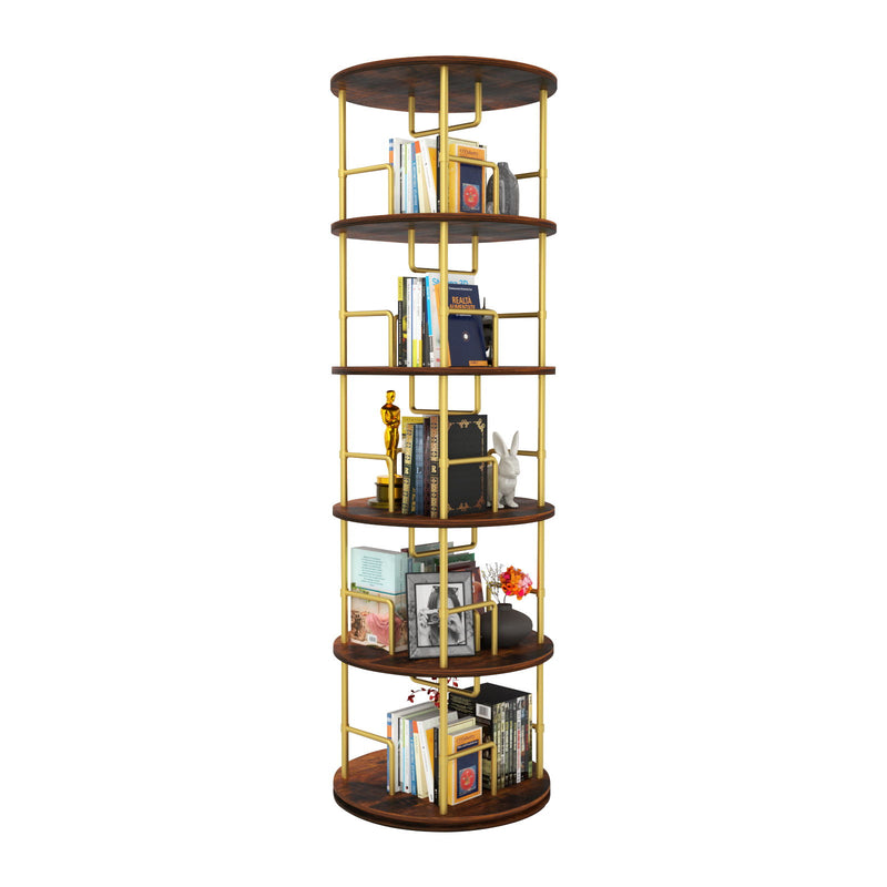 5 Tier 360 Rotating Bookshelf, Display Round Floor Standing Swivel Bookcase For Bedroom - Golden