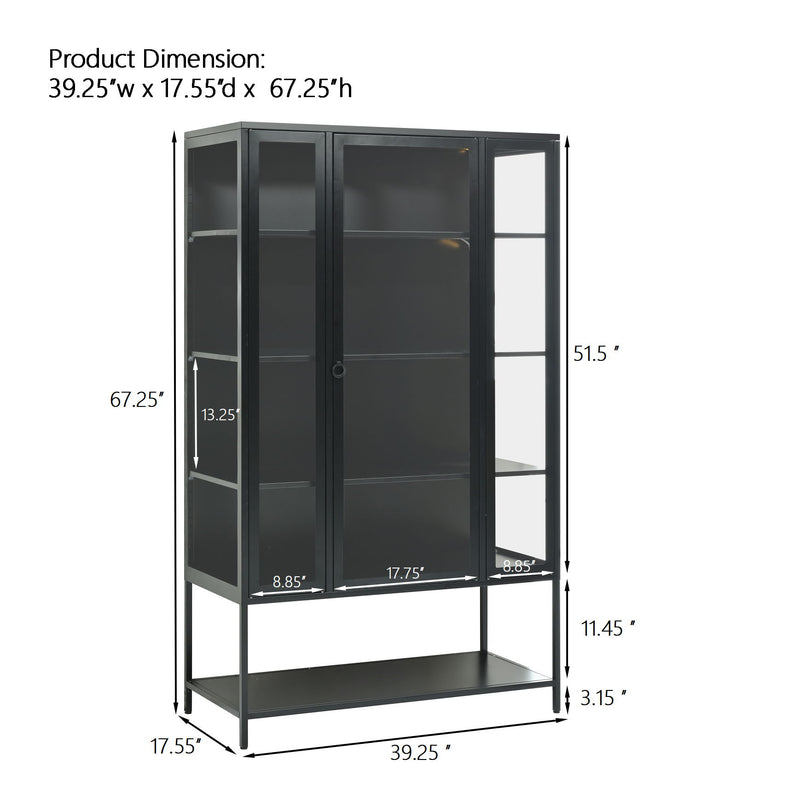Modern Steel Display Cabinet With LED Lights And Glass Door For Home Or Workspace - Black