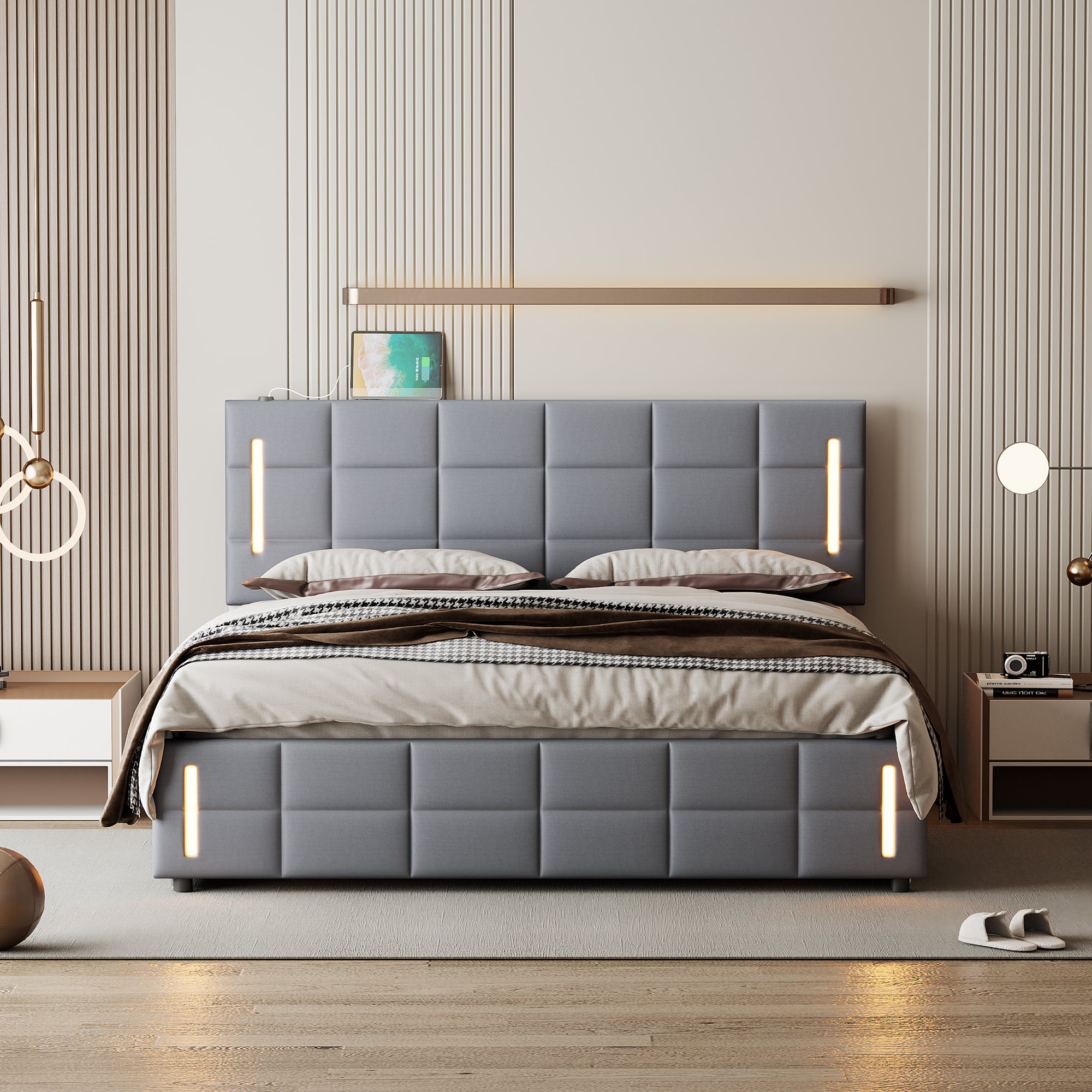 Full Size Upholstered Bed with Hydraulic Storage System and LED Light, Gray - Atlantic Fine Furniture Melbourne FL