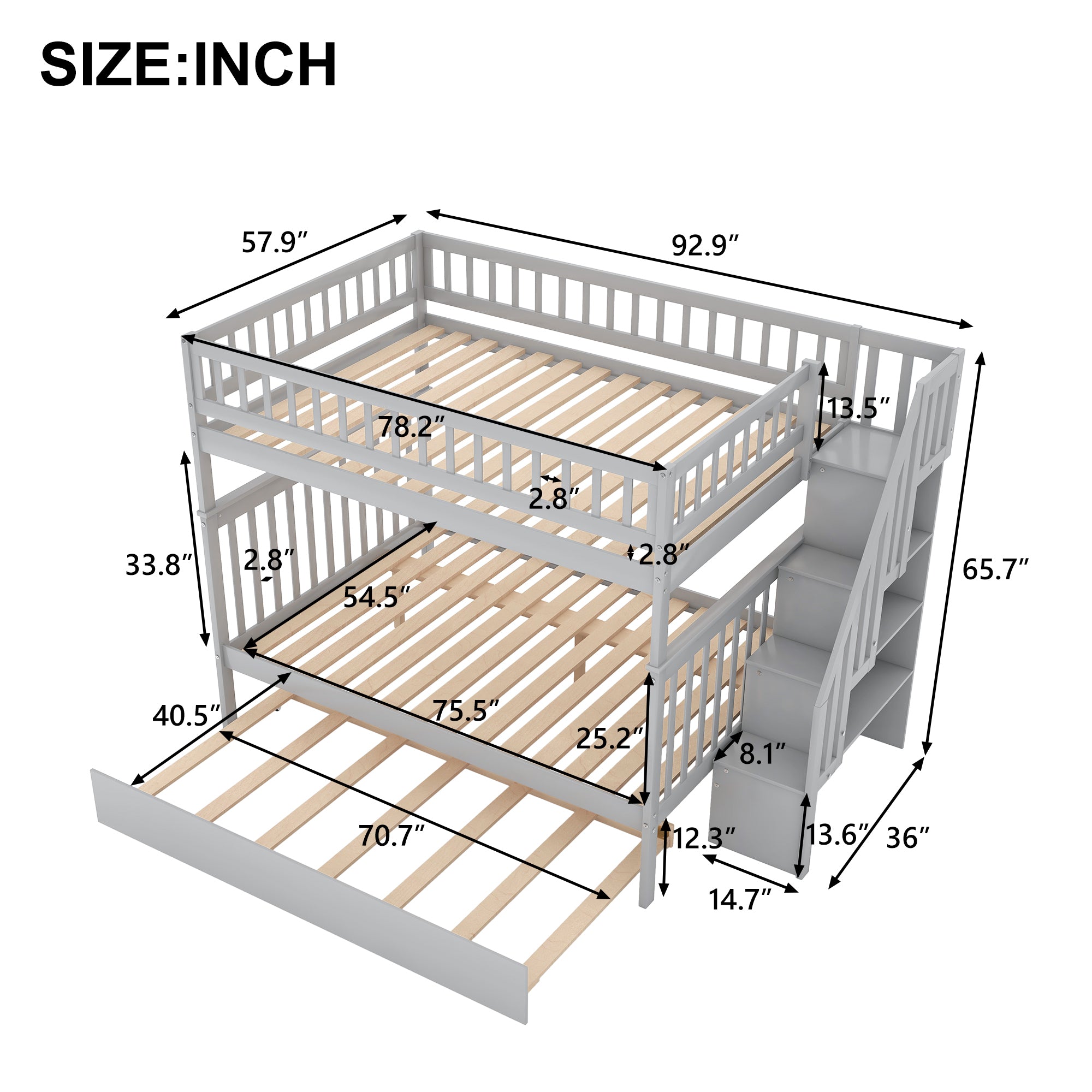 Full over Full Bunk Bed with Trundle and Staircase,Gray - Atlantic Fine Furniture Melbourne FL
