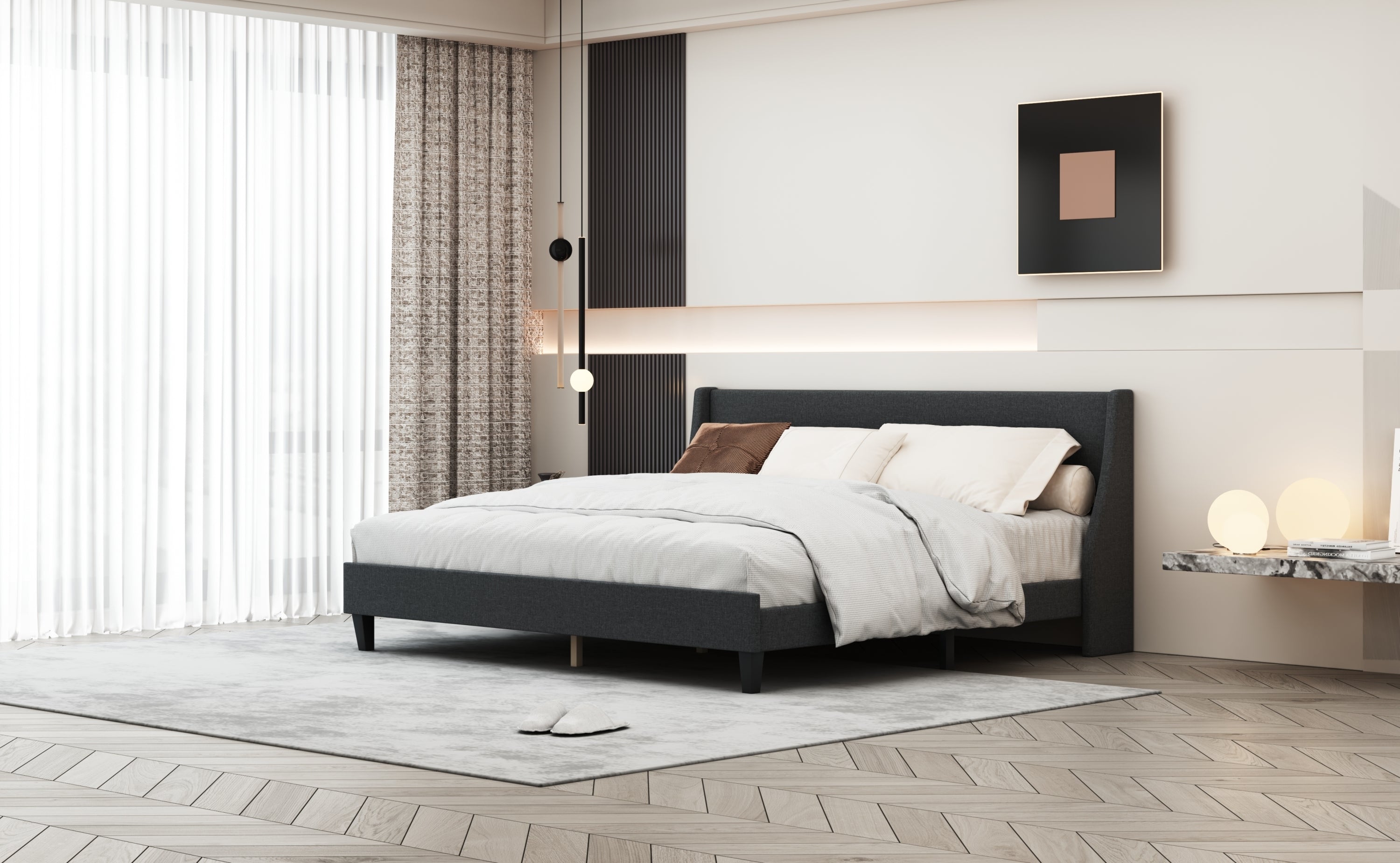 King Size Bed Frame Upholstered Bed Frame Platform ,Non-adjustable Headboard Linen Fabric Headboard Wooden Slats Support/No Box Spring Needed/Easy Assembly/Mattress Foundation, Drak gray