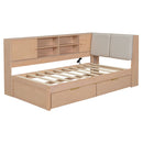 L-Shaped Daybed Corner Bed Under Bed Drawers With Storage Bookcase And Upholstered Headboard And USB Charging Ports