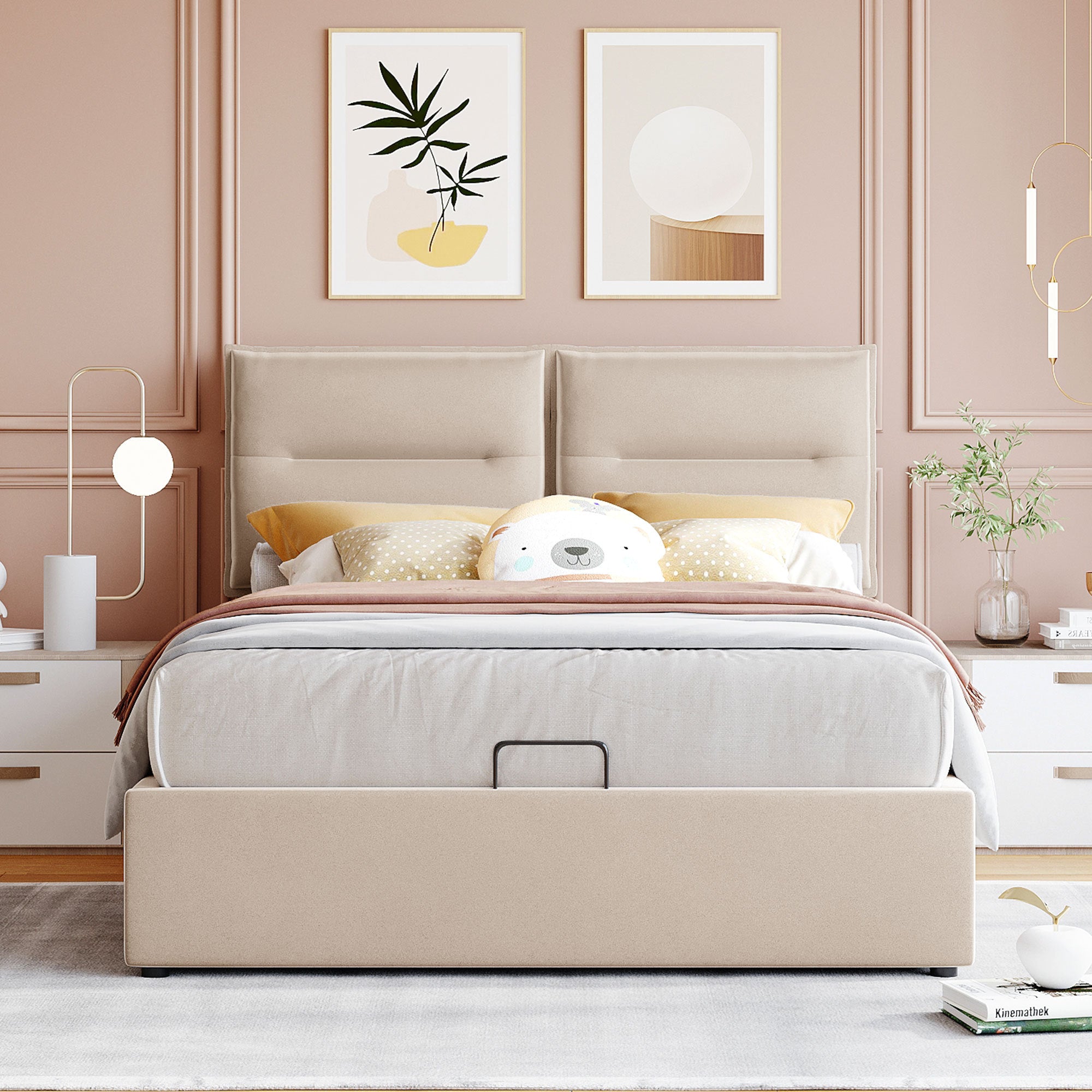 Upholstered Platform bed with a Hydraulic Storage System, Full size, Beige - Atlantic Fine Furniture Melbourne FL