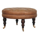 Buffalo - Leather Round Ottoman With Castor Legs - Brown