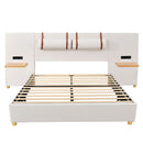 Upholstered Platform Bed, 2 Outlets And USB Charging Ports On Both Sides, 2 Bedside Pillows, Storage Shelves